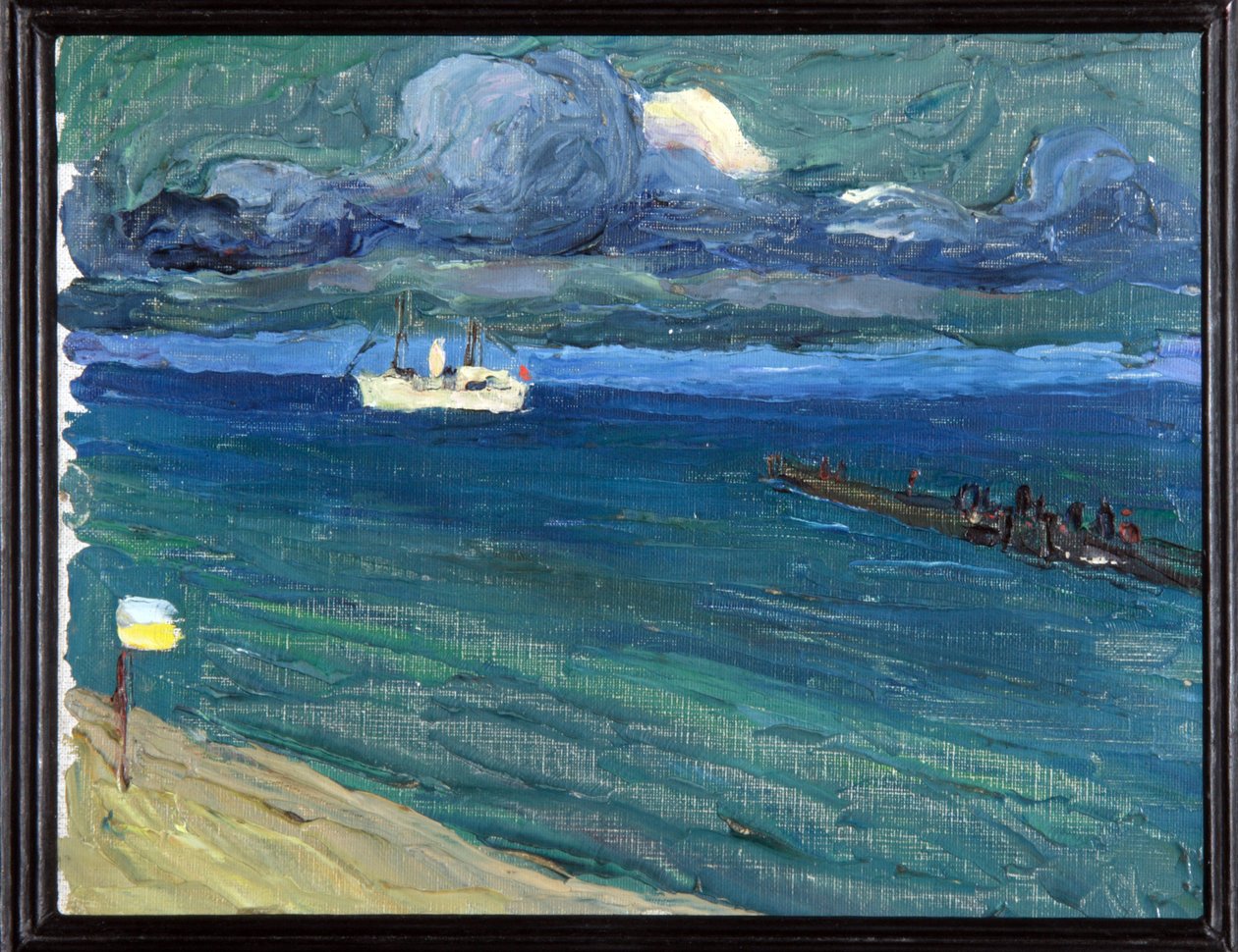 Rapallo (Italia). Maisema höyrylaivan kanssa. (Rapallo. Maisema höyrylaivalla). Wassily Kandinskyn maalaus (tai Wassily Kandinski tai Kandinskij tekijältä Wassily Kandinsky