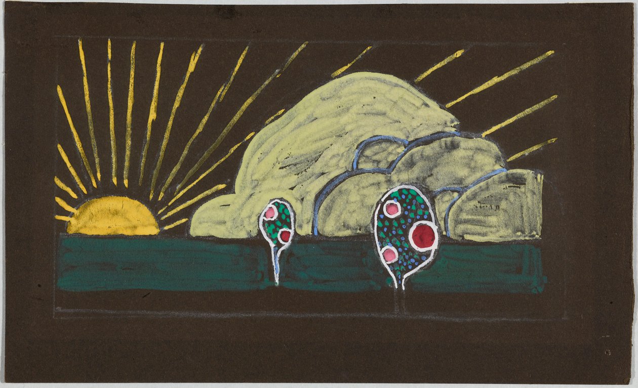 Kirjontamalli, jossa on aurinko ja pieni omenapuu tekijältä Wassily Kandinsky