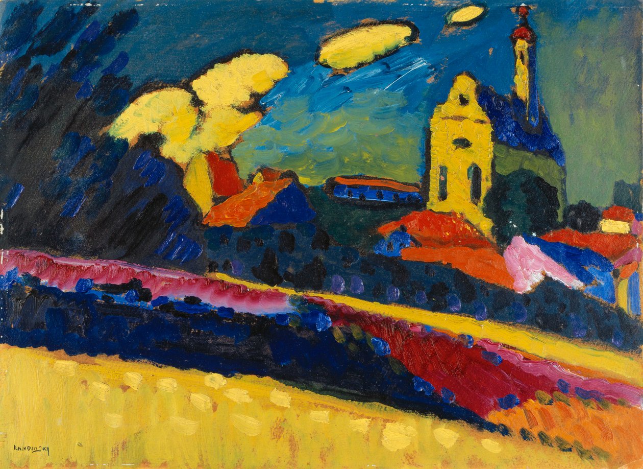 Tutkimus Murnaulle - Maisema kirkon kanssa, 1909. tekijältä Wassily Kandinsky