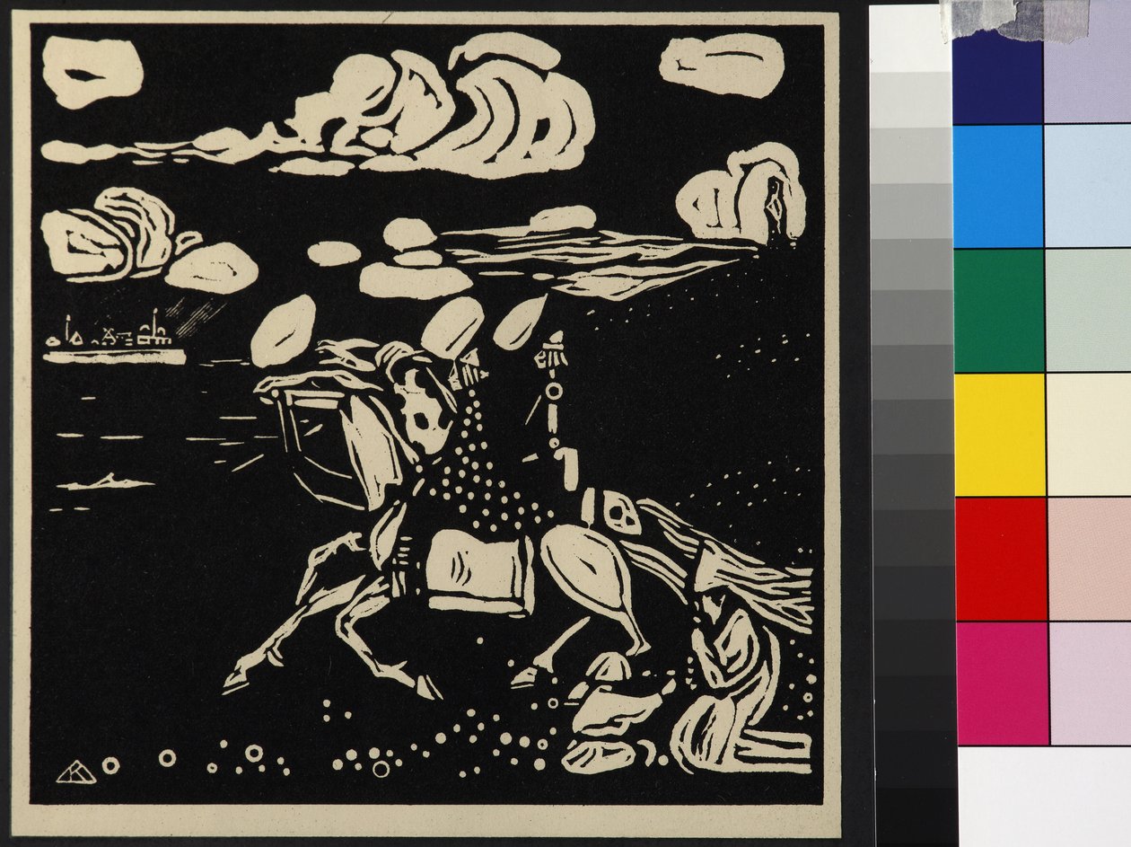 Ritarit (Les Chevaliers), kirjoittanut Kandinsky, Wassily Vasilyevich (1866-1944). Puupiirros tekijältä Wassily Kandinsky