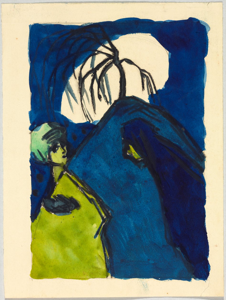 Zwei Gestalten vor Hügel mit Baum und weißer Wolke; Begegnung tekijältä Wassily Kandinsky
