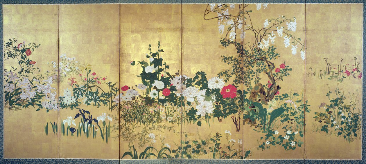 Flowers of the Four Seasons (muste ja wc kullanvärisellä paperilla) tekijältä Watanabe Shiko