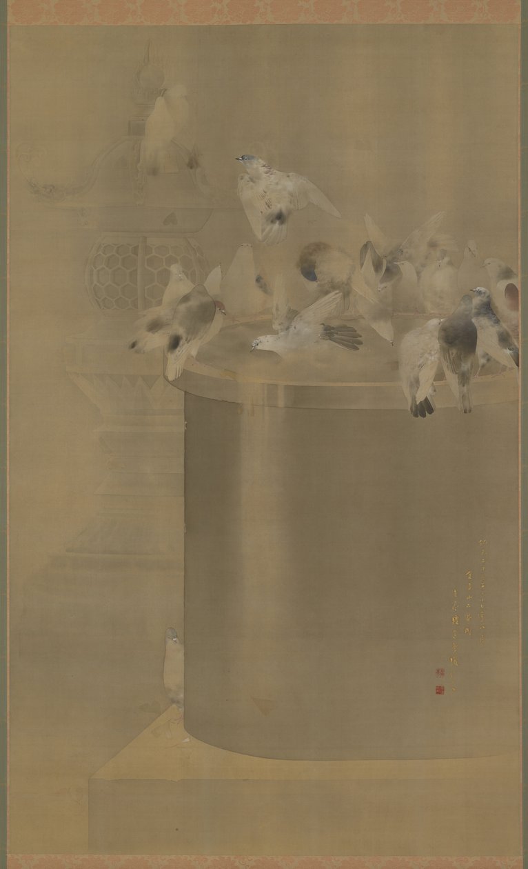 Kyyhkyset Senjojissa (Asakusa Kannon Temple) Meiji Era, 1877 (muste ja väri silkillä) tekijältä Watanabe Seitei