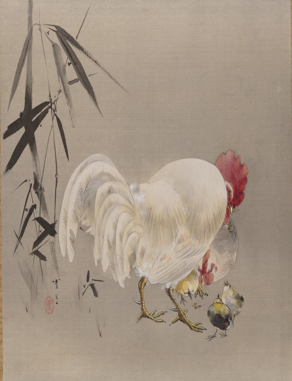Kukko ja kana poikasten kanssa, n. 1887. tekijältä Watanabe Seitei