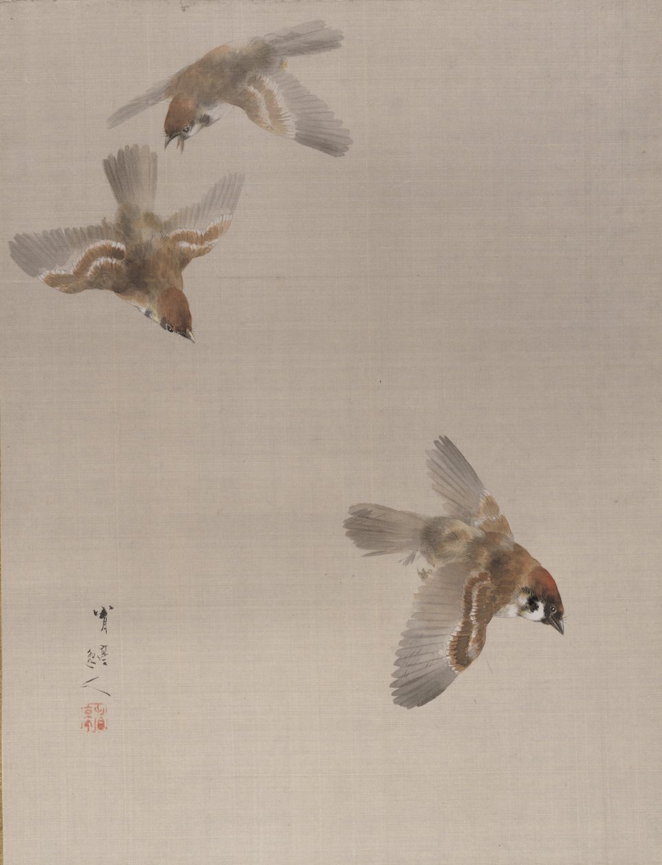 Sparrows Flying, n. 1887. tekijältä Watanabe Seitei