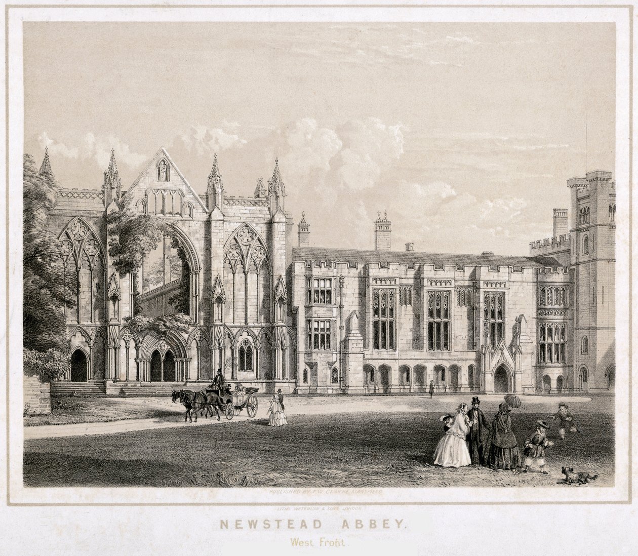Newstead Abbeyn länsipuoli, Nottinghamshire, 1860 tekijältä Waterlow and Sons