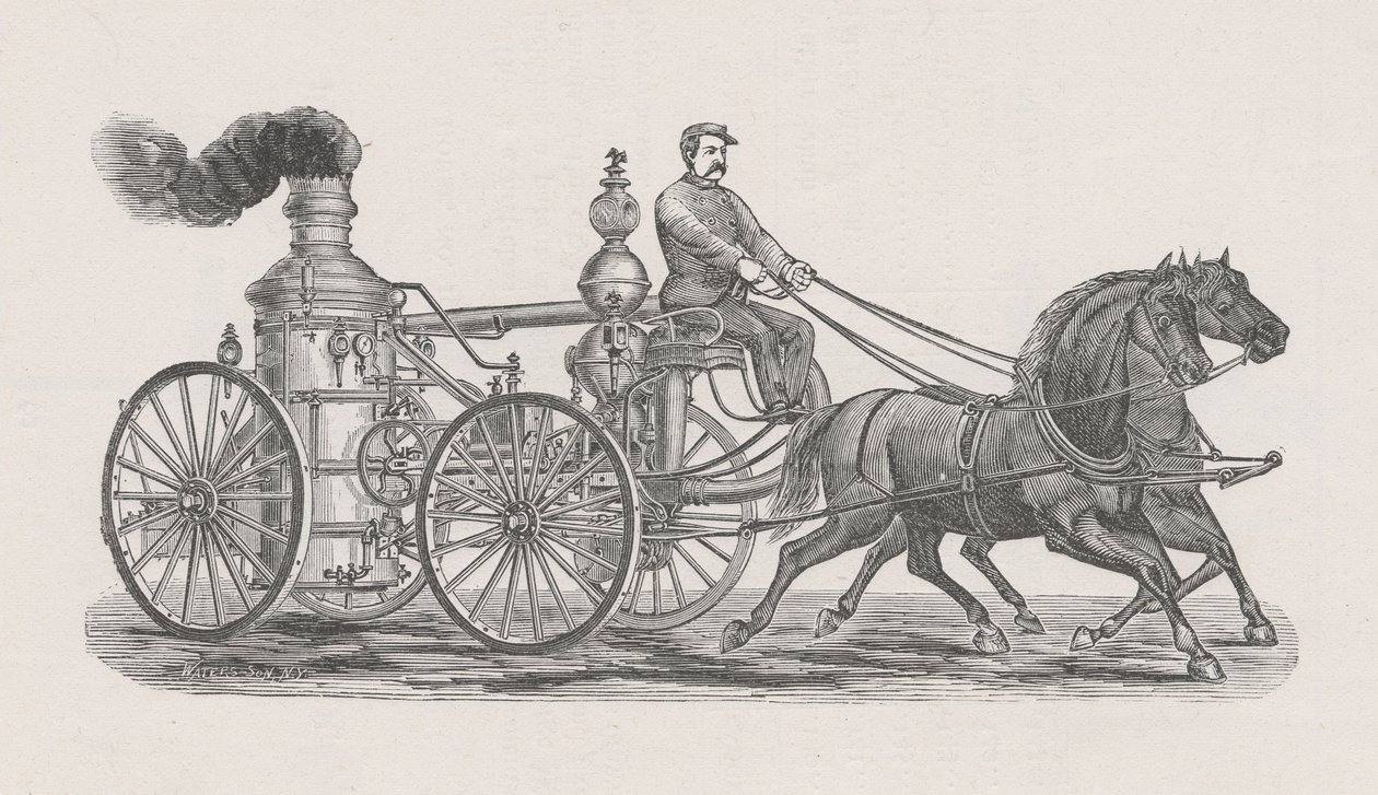 Kuva höyrylaivasta R.A. Williams nro 17 paloauto, palokunnan poliisihallituksen raportista Chicagon kaupungin yhteiselle neuvostolle, s. 60., 1872 (puukaiverrus) tekijältä Waters and Son Waters and Son