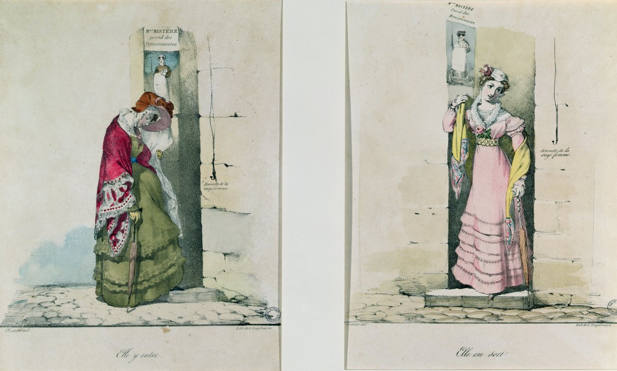 Aborttiklinikalle tuleva ja sieltä lähtevä nainen, Godefroy Engelmannin (1788-1839) kaiverrus. tekijältä Wattier