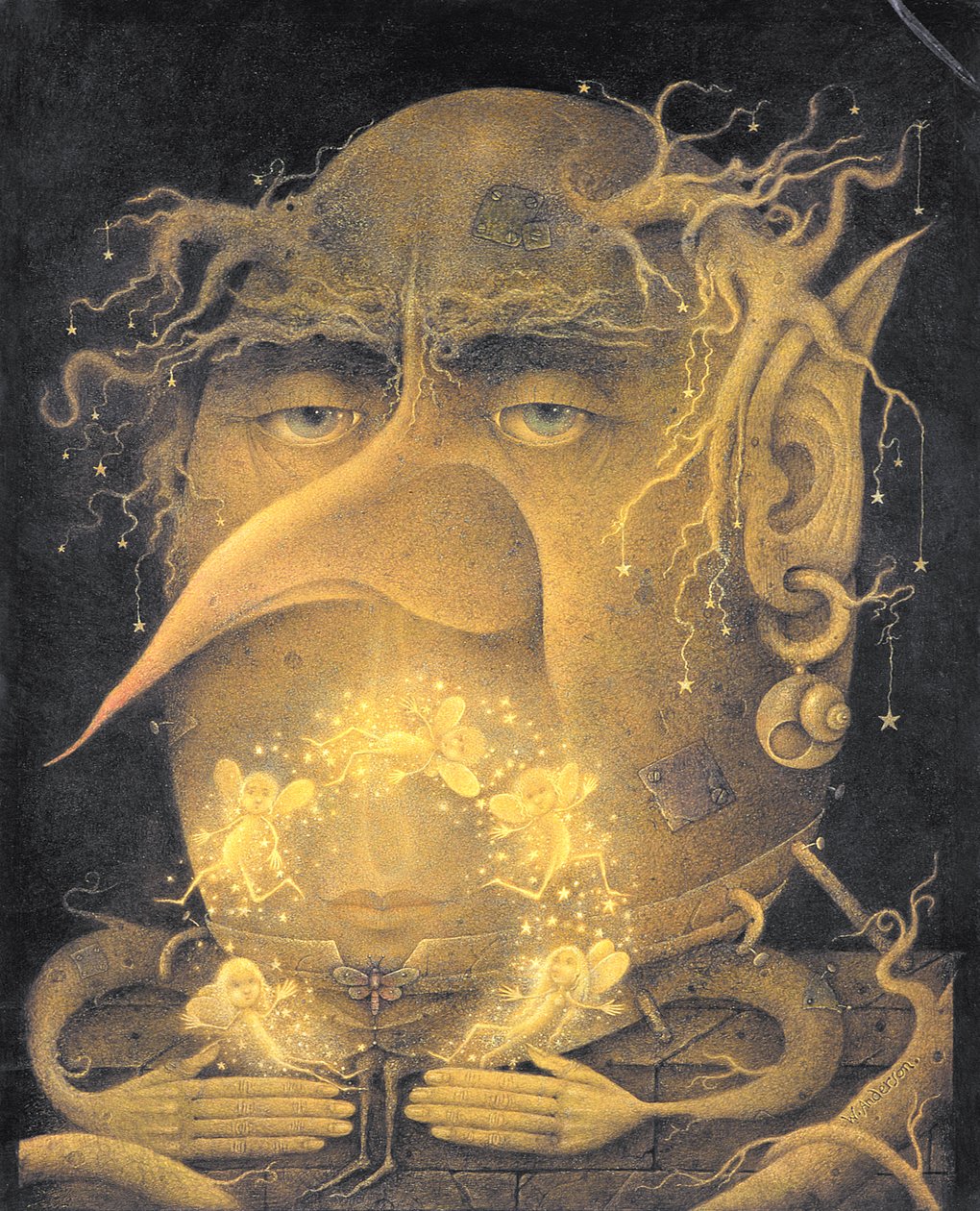 Fairy Juggler (lyijykynä ja väriliitu paperille) tekijältä Wayne Anderson