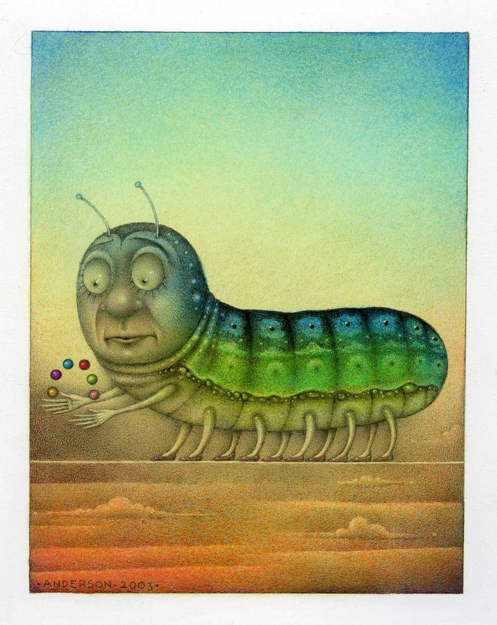 Juggling Caterpillar, 2003 (sekatekniikka taidekartongille) tekijältä Wayne Anderson