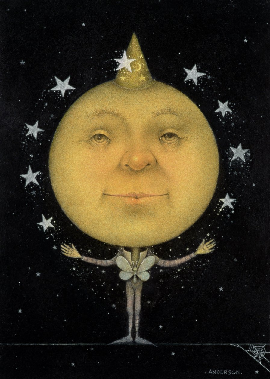 Juggling Full Moon (lyijykynä ja väriliitu paperille) (pari 150067) tekijältä Wayne Anderson
