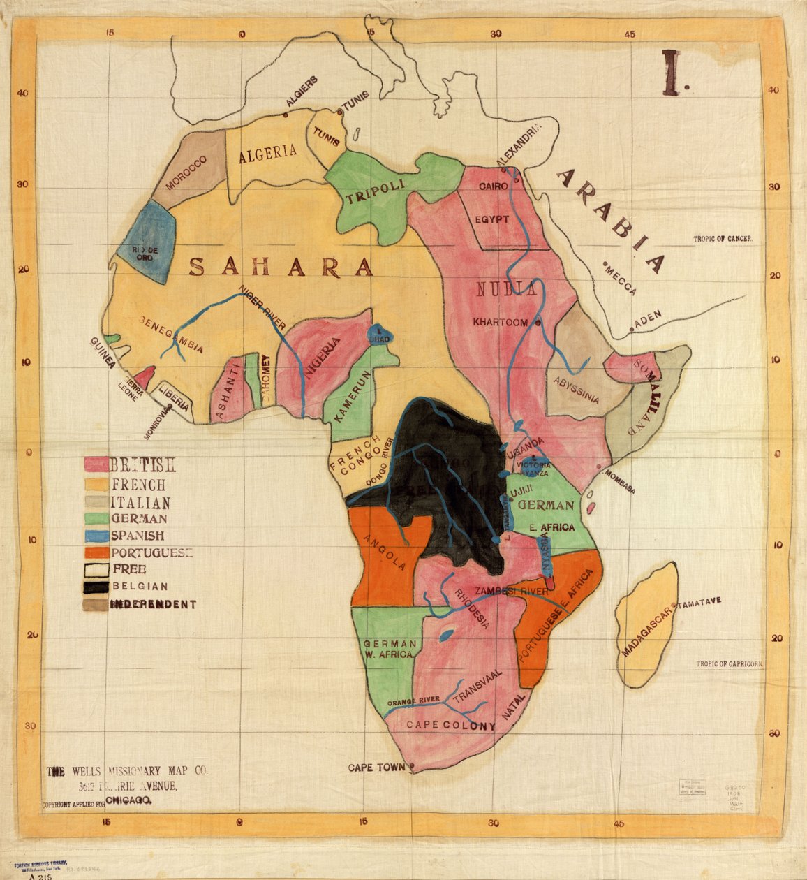 The Wells Missionary Map Co., 3612 Prairie Avenue, Chicago, tekijänoikeutta haettu. Kangas kartta. Kynä ja muste, lyijykynä, värikynä ja vesiväri; paikannimet, nimet selitteissä ja koordinaatit, jotka on piirretty mekaanisesti mustalla musteella. I. Saatav tekijältä Wells Missionary Map Co.