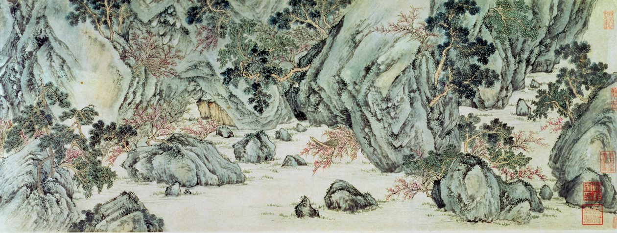 Matka "kuolemattomien maahan" yksityiskohta teoksesta "Persikkakukkakevät" Wang Wein runosta "Tao Yuan Bi Jing" tekijältä Wen Zhengming