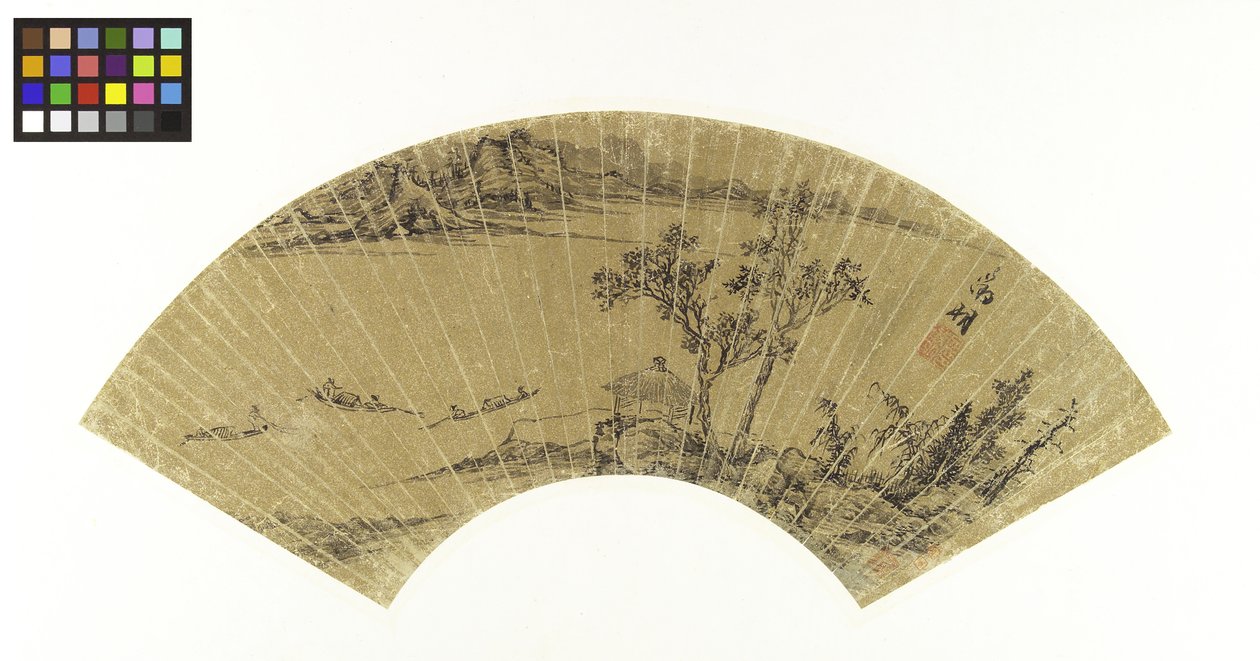 Maisema, jossa järvi ja kolme venettä, 1500-luku (tussi kultaiselle paperille kartongille kiinnitettynä). tekijältä Wen Zhengming