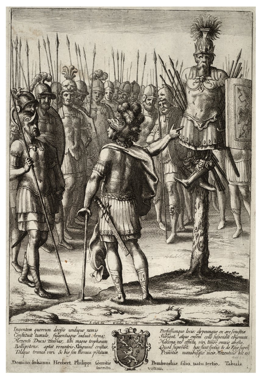 Aeneas pystyttää pokaalin Mezentiuksen aseista. Tila 2 tekijältä Wenceslaus Hollar