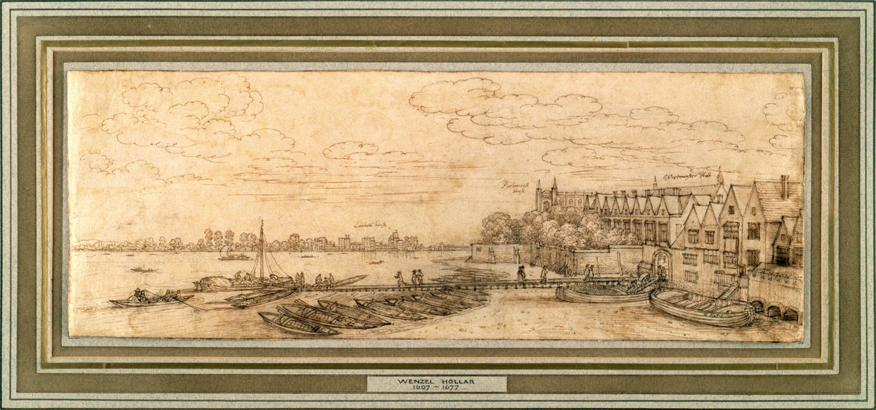 Thames Westminster Pierin alla, n. 1638 (kynä ja ruskea muste paperilla) tekijältä Wenceslaus Hollar
