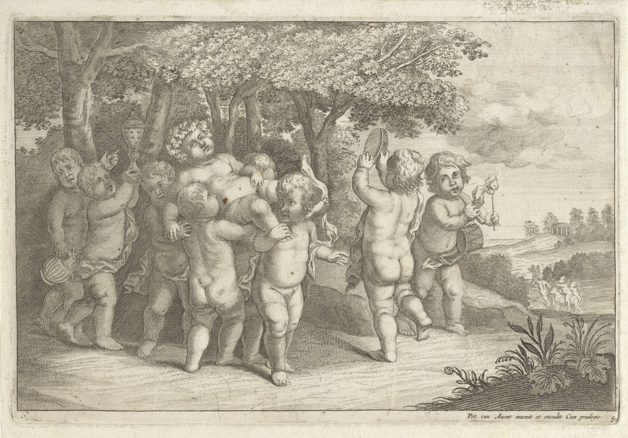 Musiikkia tekevät ja tanssivat pojat pukeutuvat bacchantille tekijältä Wenceslaus Hollar (rejected attribution)