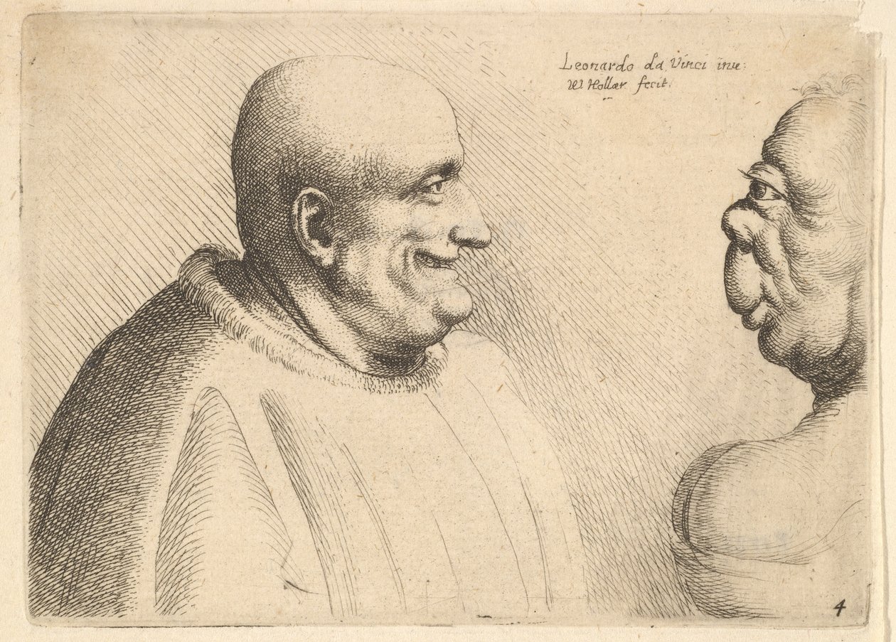 Isokokoinen mies kalju pään edessä groteskin naisen edessä, 1625-77. tekijältä Wenceslaus Hollar