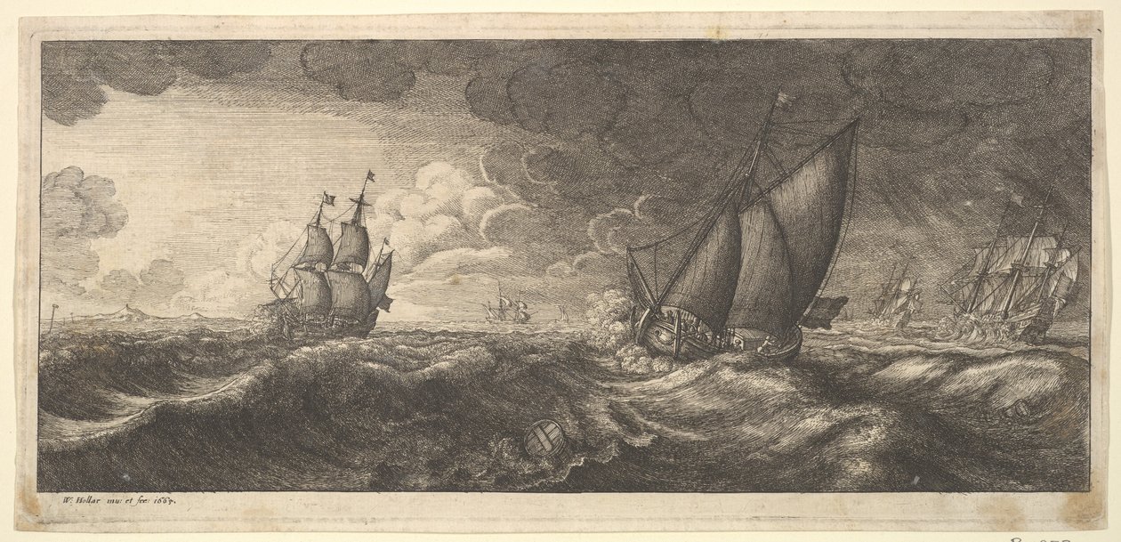 Jahti ja kolme sotalaivaa myrskyssä, 1665. tekijältä Wenceslaus Hollar