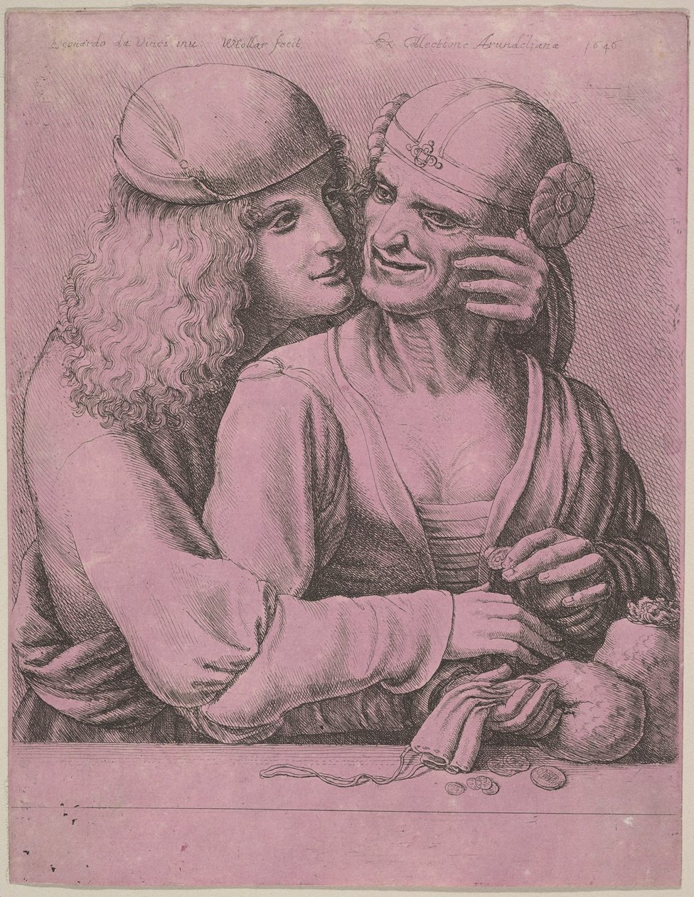 Nuori mies hyväilee vanhaa naista, 1646. tekijältä Wenceslaus Hollar