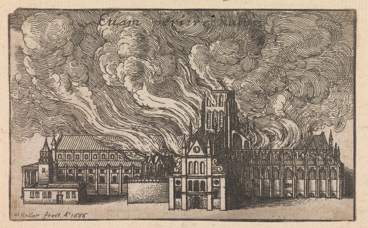 Vanhan St. Paulin katedraalin palaminen Lontoon suurpalossa tekijältä Wenceslaus Hollar