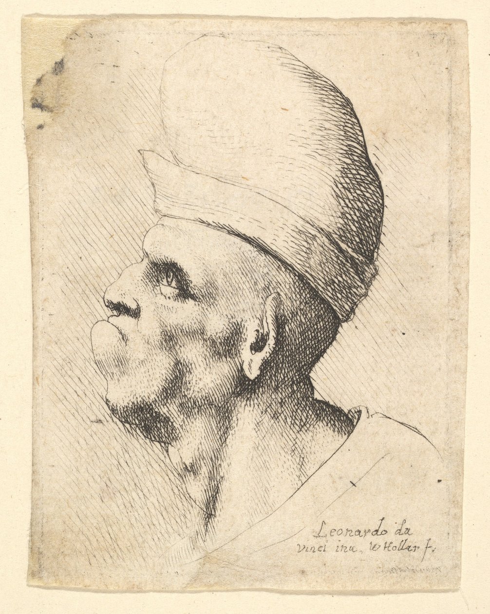 Rintakuva epämuodostuneesta miehestä, jolla on sipulimainen hattu profiilissa vasemmalla, 1625-77. tekijältä Wenceslaus Hollar