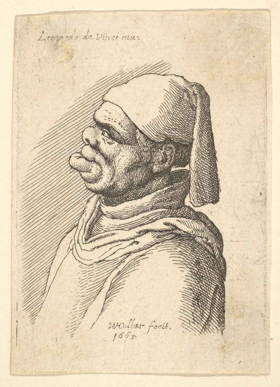 Epämuodostun miehen rintakuva, jossa hattu ja lihava, ulkoneva alahuuli profiilissa vasemmalla, 1625-77. tekijältä Wenceslaus Hollar