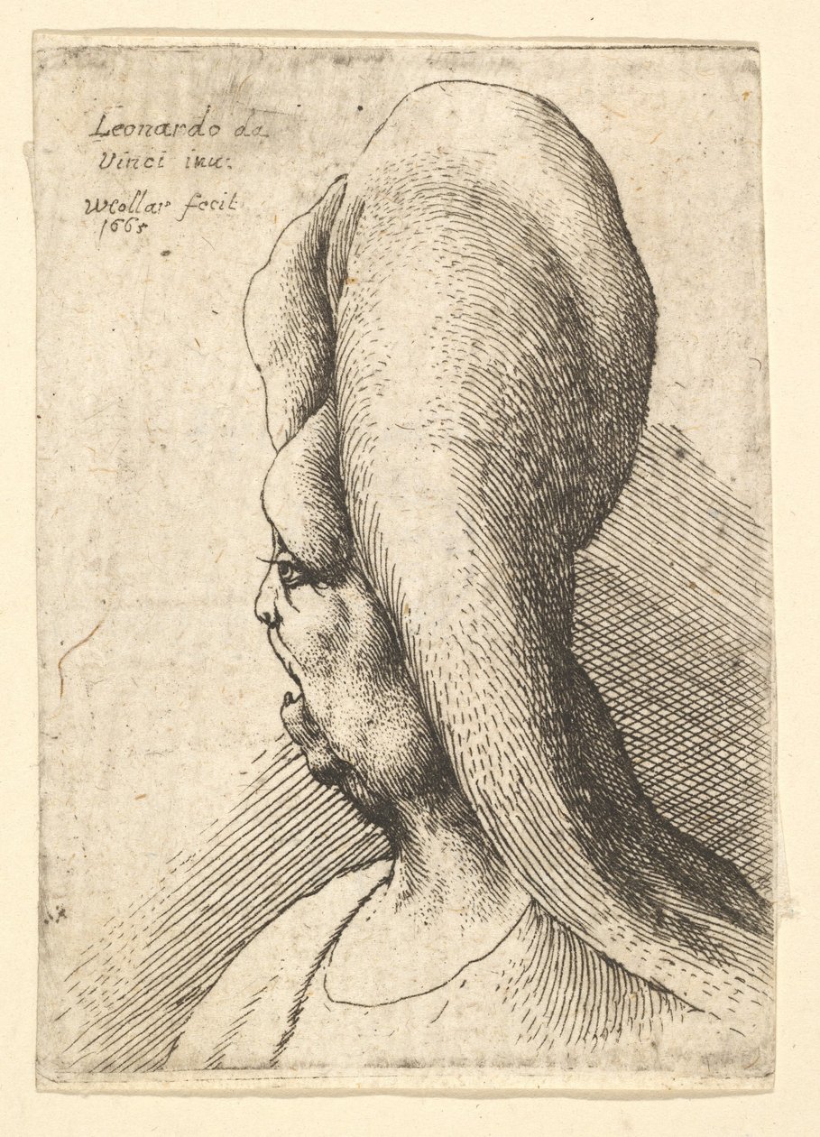 Epämuodostun vanhan naisen rintakuva, jolla on yksi hammas, vasemmalle päin, 1665. tekijältä Wenceslaus Hollar