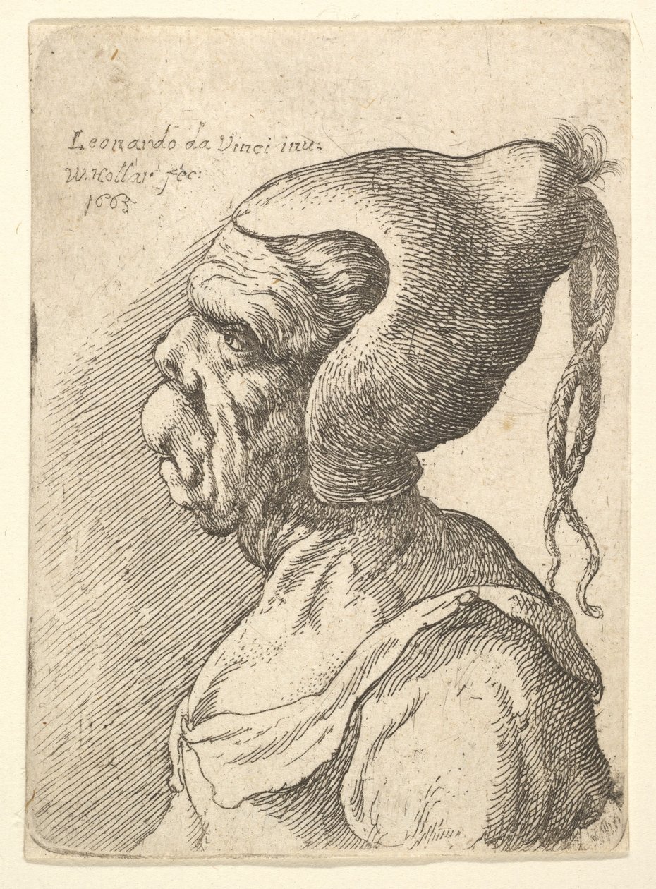 Epämuodostun naisen rintakuva kartiomainen hattu ja kaksi roikkuvaa palmikkoa profiilissa vasemmalla, 1665. tekijältä Wenceslaus Hollar