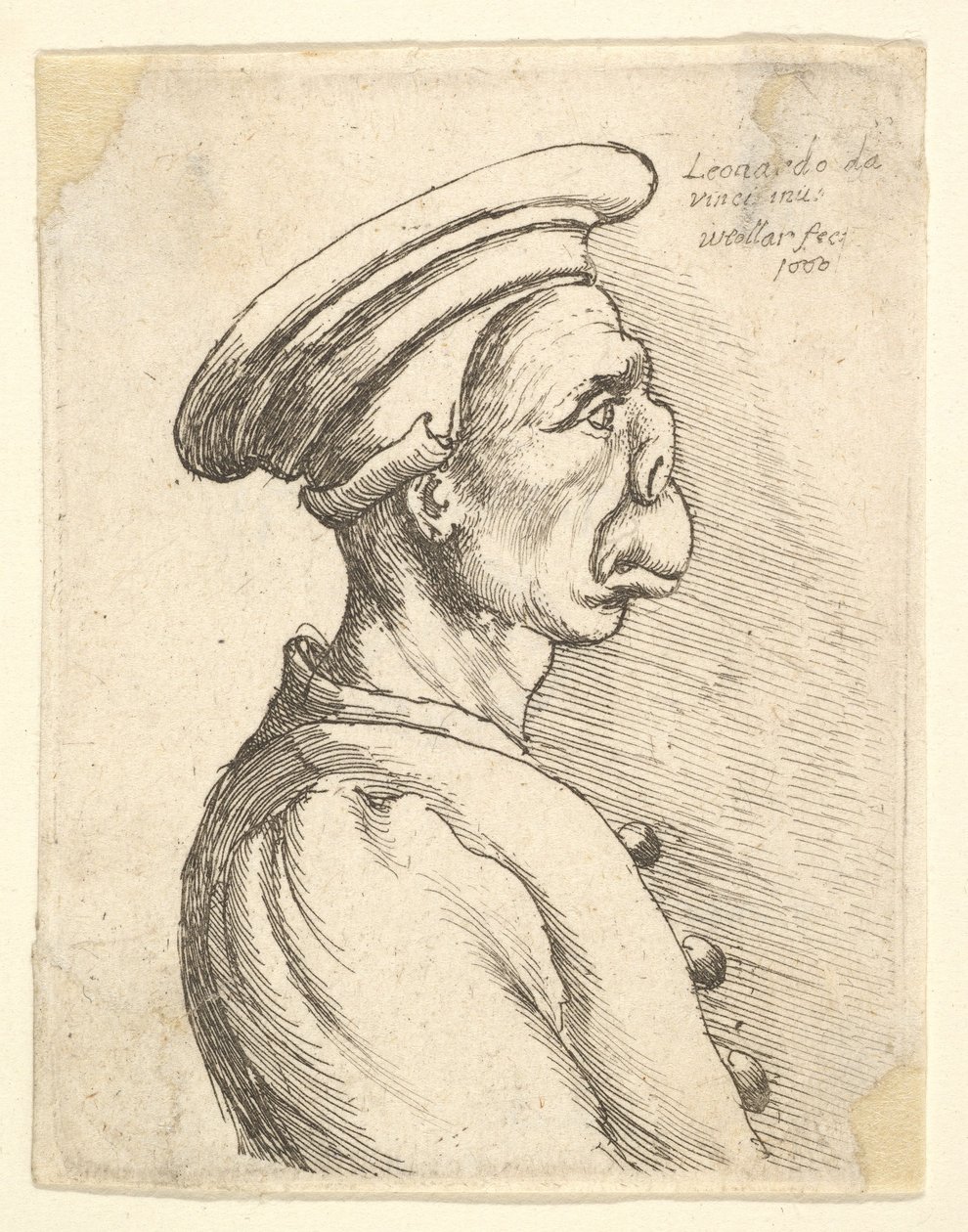 Miehen rintakuva, jolla on litteä nenä ja ulkoneva suu, jolla on litteä lippis ja napitettu takki..., 1660. tekijältä Wenceslaus Hollar