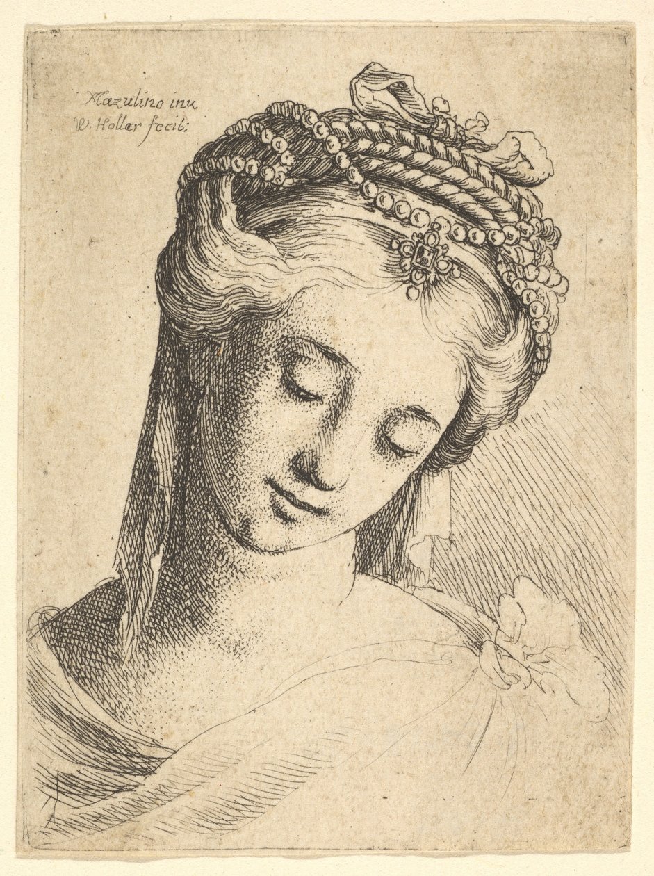 Nuoren naisen rintakuva, jossa on taidokas päähine, katsoen alas., 1625-77. tekijältä Wenceslaus Hollar