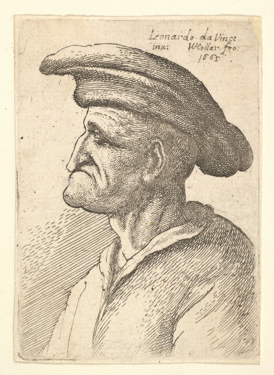 Rinnankuva iäkkäästä miehestä, jonka nenä osuu alahuultaan ja jolla on leveä litteä lippalakki profiilissa t..., 1665. tekijältä Wenceslaus Hollar