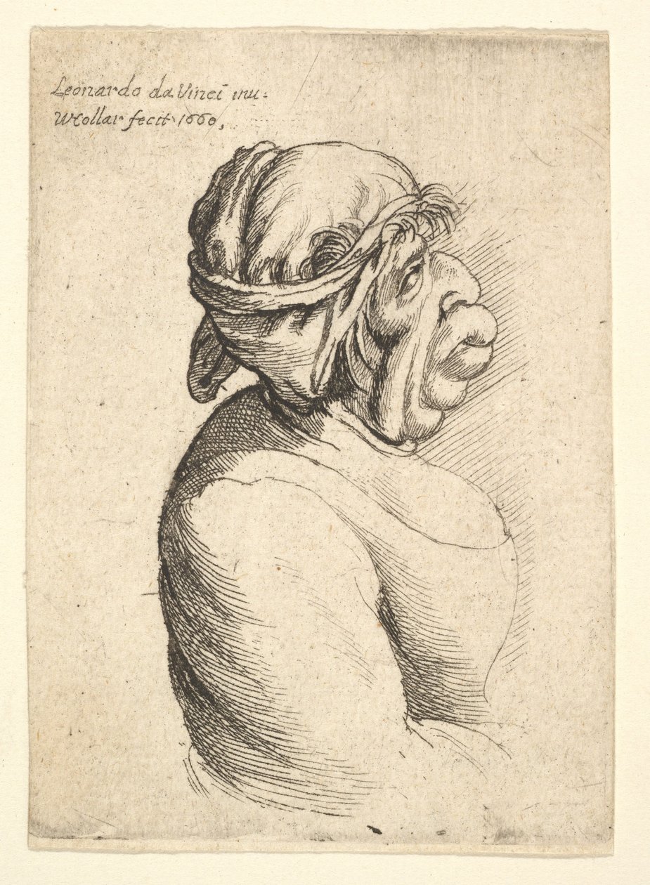 Naisen rintakuva, jolla on ulkoneva suu, jossa on matala mekko ja päänsä ympärille sidottu kangas..., 1660. tekijältä Wenceslaus Hollar