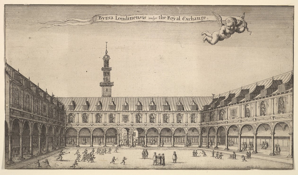 Byrsa of London, joka tunnetaan yleisesti nimellä Royal Exchange, Royal Exchange, Lontoo, noin. 1647 tekijältä Wenceslaus Hollar