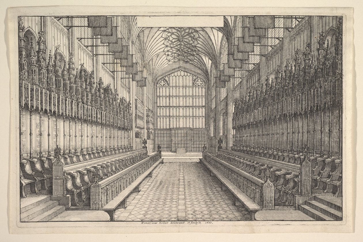Kuoro ja kojut St Georges Chapelissa, Windsorissa, 1660. tekijältä Wenceslaus Hollar