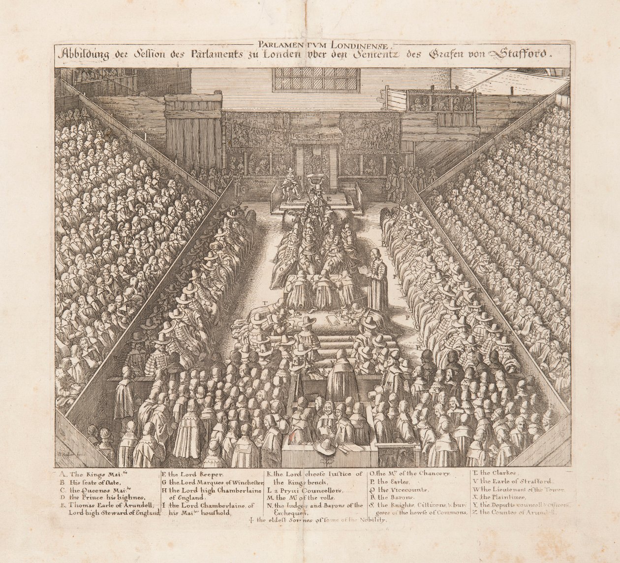 Kuvaus Lontoon parlamentin istunnosta Earl of Staffordin tuomiosta, noin 1642. tekijältä Wenceslaus Hollar