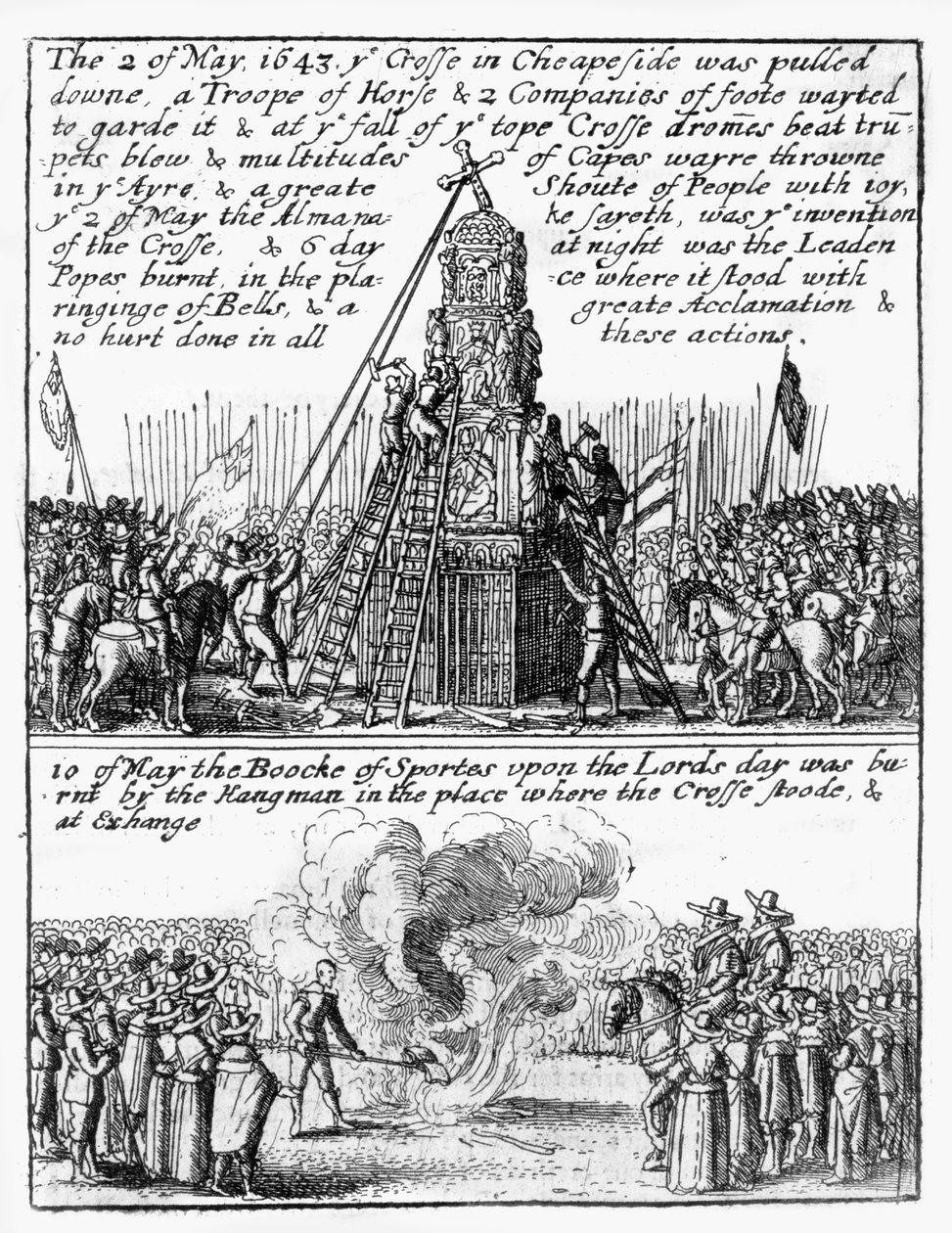 Cheapside Crossin tuhoaminen; "Book of Sports" paloi paikalla tekijältä Wenceslaus Hollar
