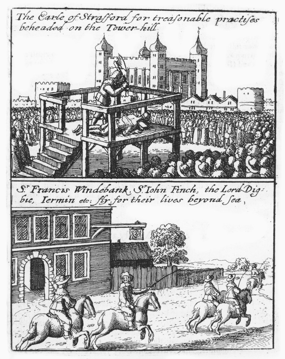Earl of Stafford mestattiin Tower Hillillä; Sir Francis Windebank, Sir John Finch ja Lord Digby pakenevat Englannista tekijältä Wenceslaus Hollar