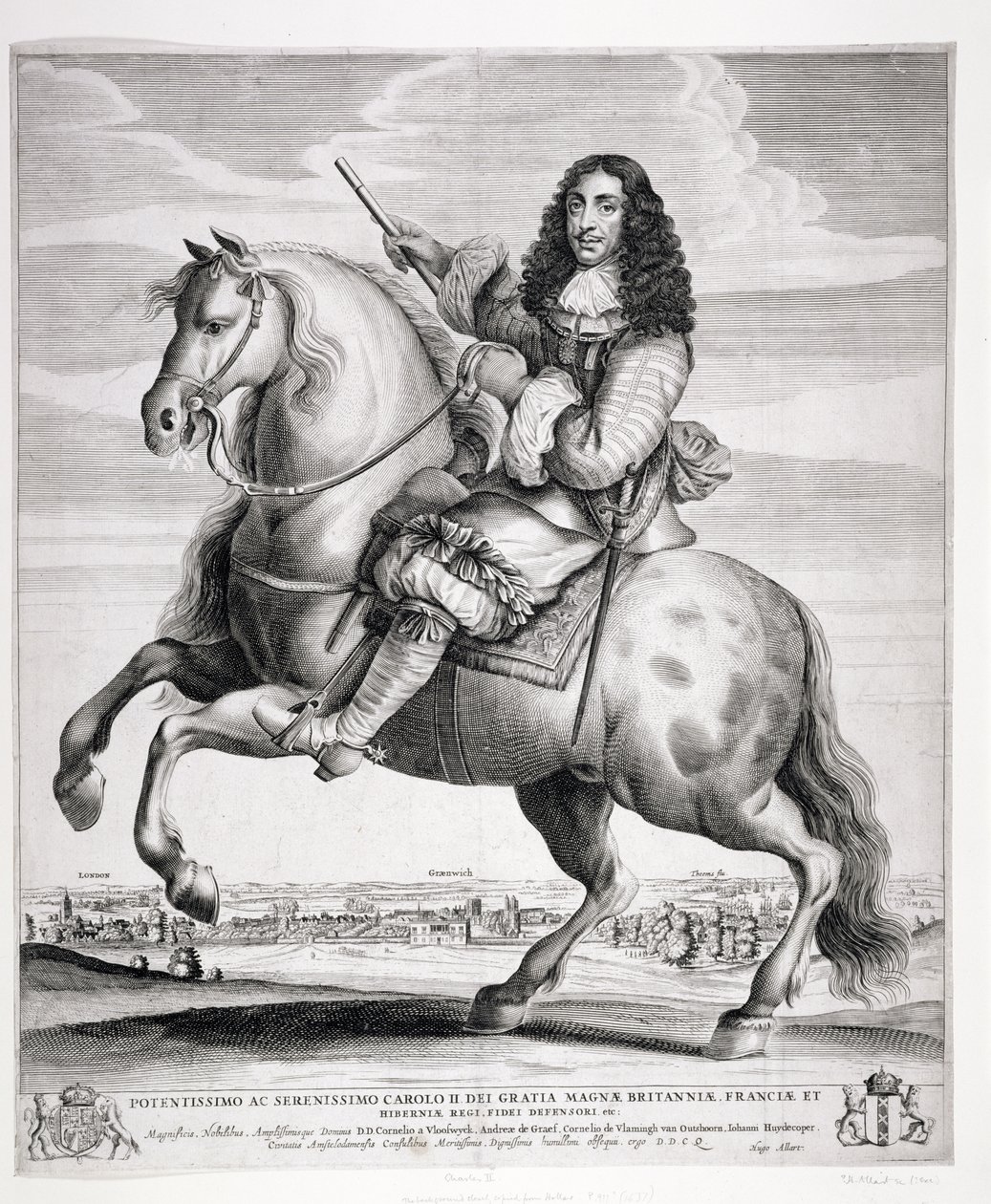 Kaarle II:n (1630-85) ratsastusmuotokuva maisemalla, julkaistu noin 1670 tekijältä Wenceslaus Hollar