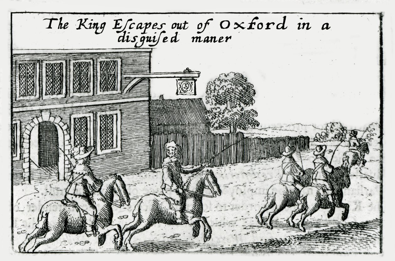 Charles I:n pako Oxfordista valepuvussa tekijältä Wenceslaus Hollar