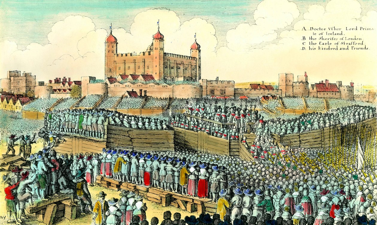 Ensimmäinen Englannin vallankumous (1641-1649): englantilaisen poliitikon Thomas Wentworth de Straffordin (1593-1641) teloitus 12.5.1641 Tower Hillissä Lontoossa. Kaiverrus Wenceslaus Hollarin (1607-1677) 1600-luvun yksityinen kokoelma tekijältä Wenceslaus Hollar