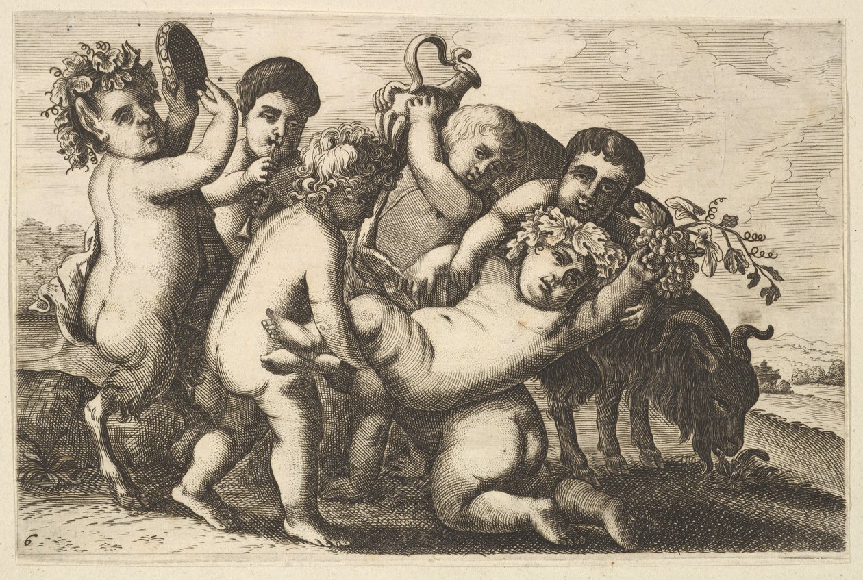 Viisi poikaa, kaksi satyyriä ja vuohi kopio, 1600-luku. tekijältä Wenceslaus Hollar