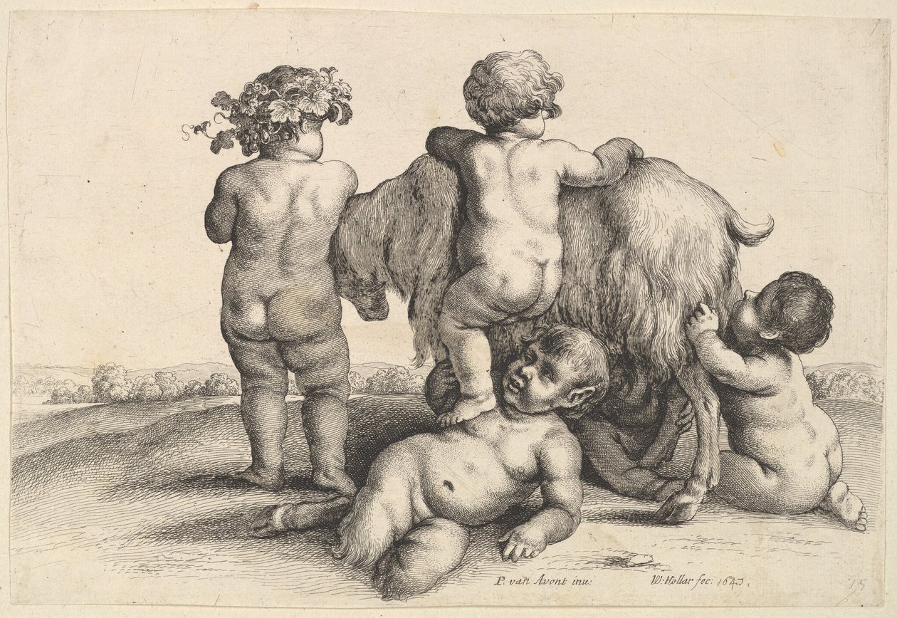 Neljä poikaa, nuori satyyri ja vuohi, 1647. tekijältä Wenceslaus Hollar