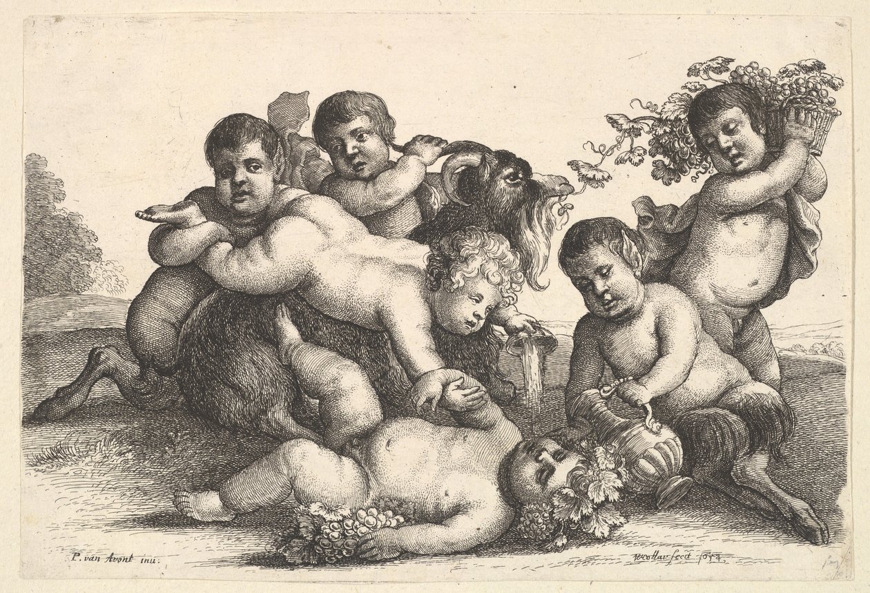 Neljä poikaa, kaksi satyyriä ja vuohi, 1654. tekijältä Wenceslaus Hollar