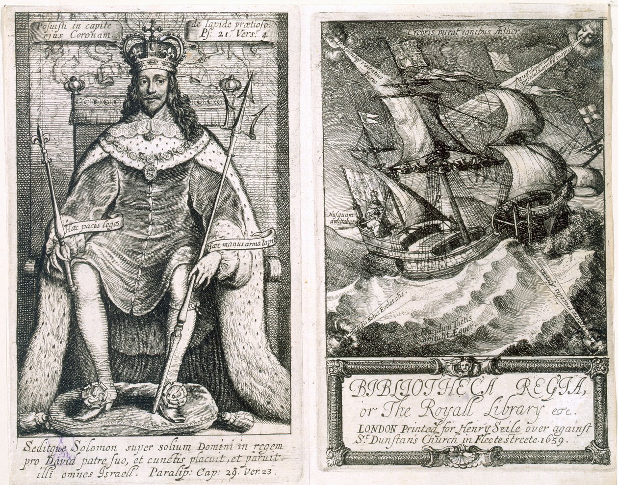 Bibliotheca Regia eli kuninkaallinen kirjasto, 1659, etupuoli ja nimilehti (etsaus ja kaiverrus) tekijältä Wenceslaus Hollar