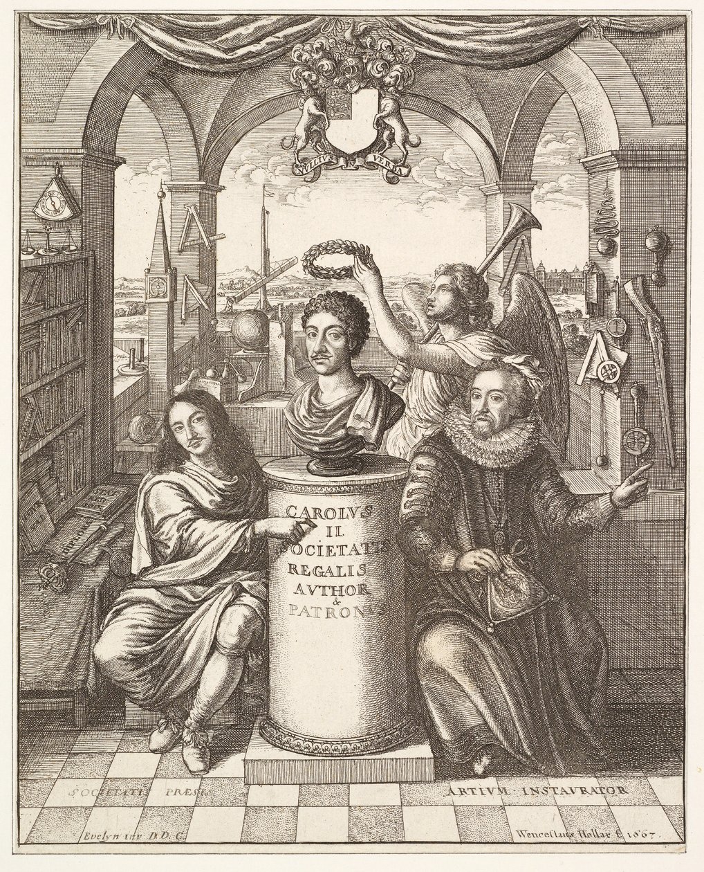 Thomas Sprattin kirjoittaman The History of the Royal Society of London -teoksen etusivun kuva. 1702 tekijältä Wenceslaus Hollar