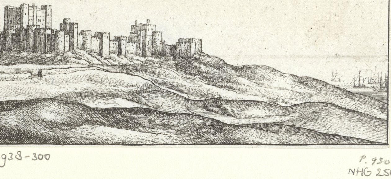 Näkymä Doverin linnalle Dover Castle ja West Side (otsikko esineessä) Nähtävyydet Englannin rannikolla (sarjan nimi) tekijältä Wenceslaus Hollar