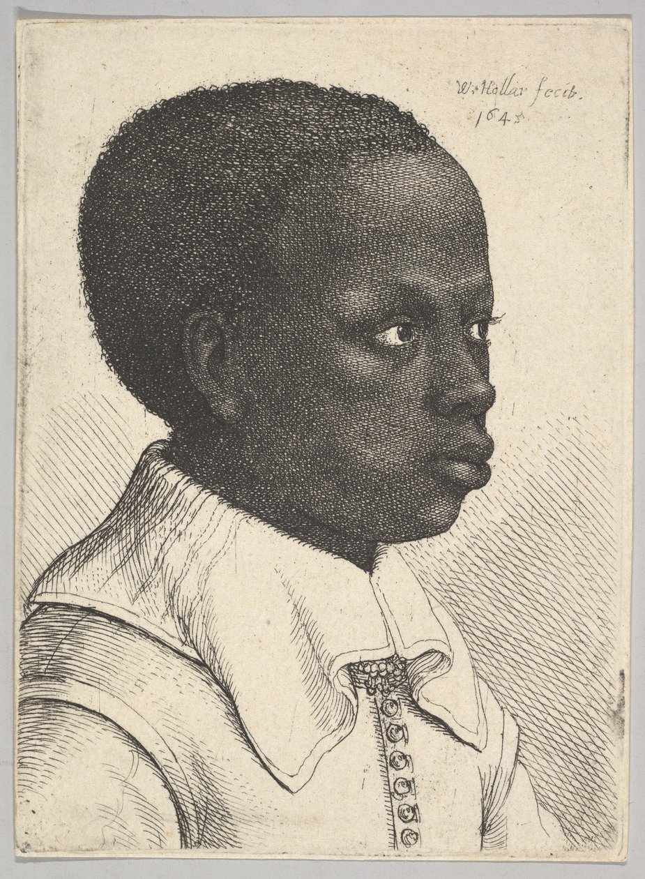 Nuoren mustan pojan pää profiilissa oikealla, 1645. tekijältä Wenceslaus Hollar