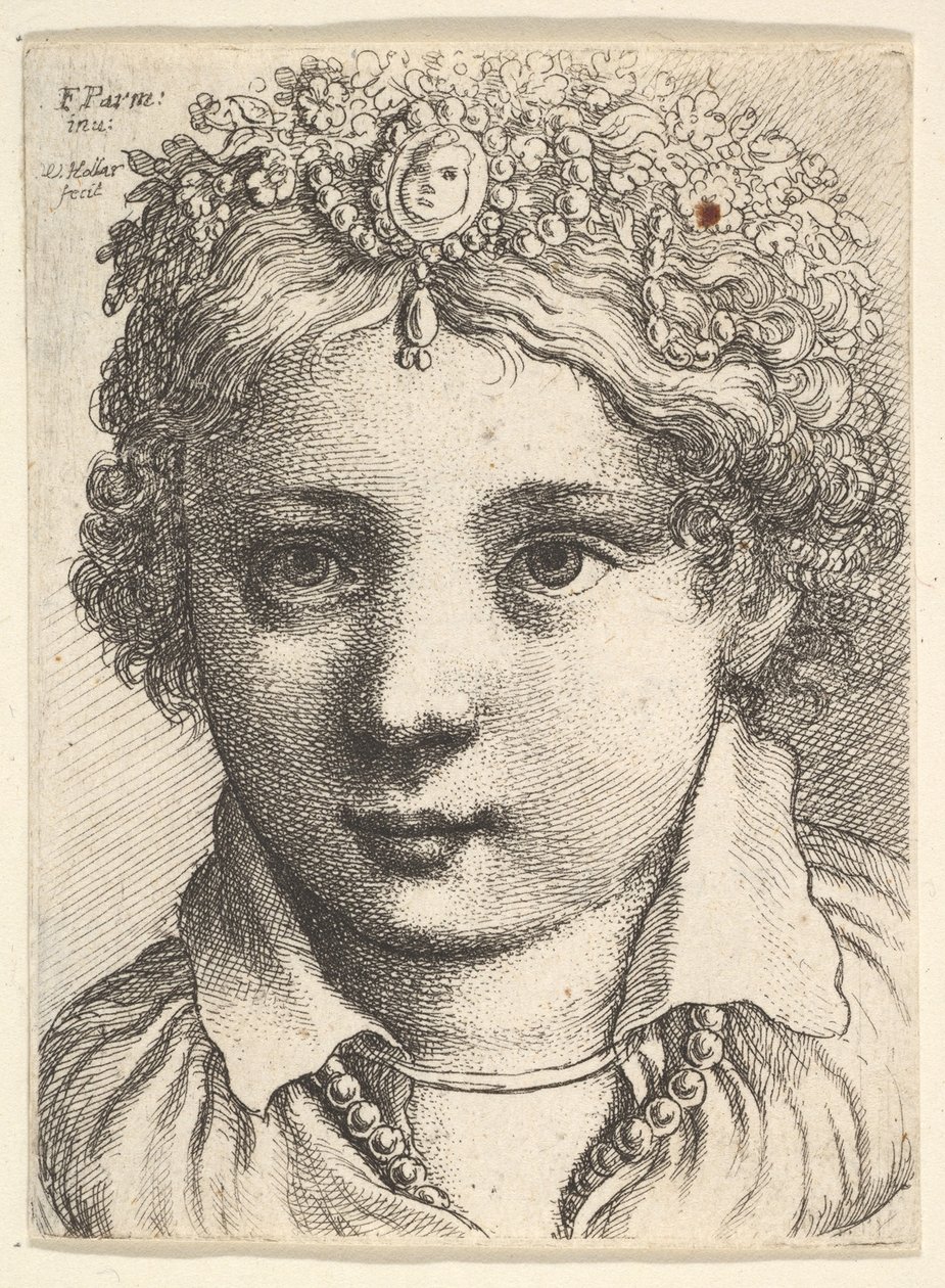 Nuoren tytön pää, jolla on jalokivipäähine, n. 1645. tekijältä Wenceslaus Hollar