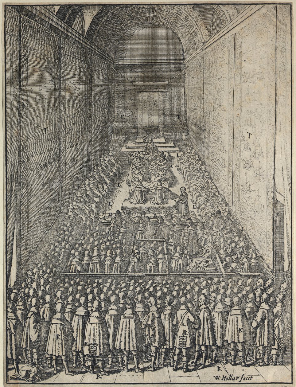 House of Lordsin istunnon sisätilat, Westminsterin palatsi, Lontoo, n. 1650 tekijältä Wenceslaus Hollar